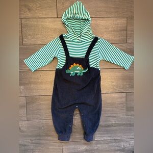 Striped Hooded Top with Navy Corduroy Dino Overalls
